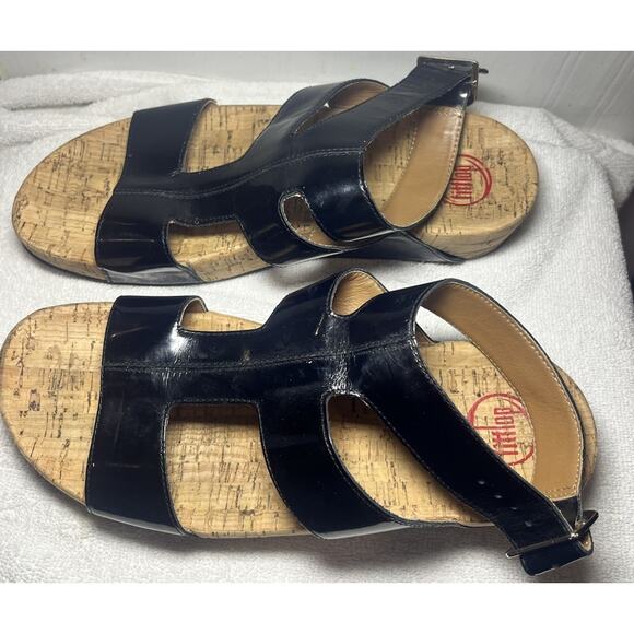 Fitflop Arena Sandal Women Sz 10 Black Patent Leather Ankle Strap Gladiator CorK - Picture 3 of 9